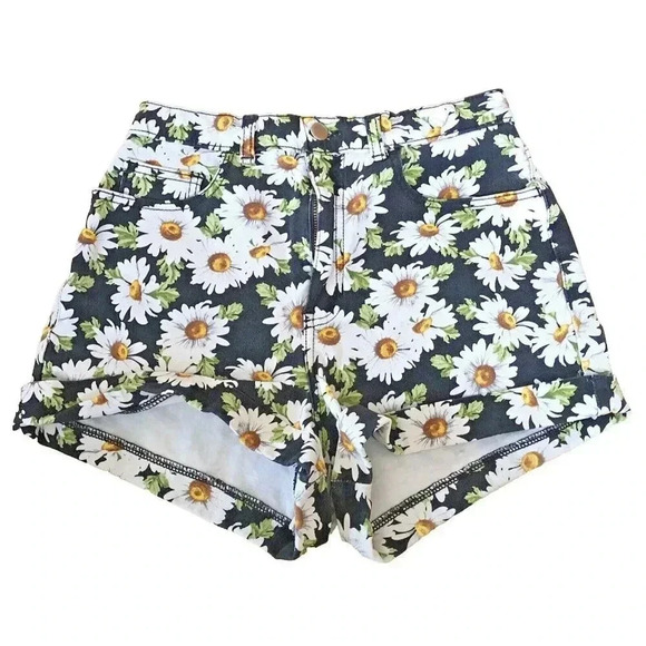 American Apparel VINTAGE Womens Shorts Size 27 Black Sunflower Floral 5 pockets - Picture 1 of 6